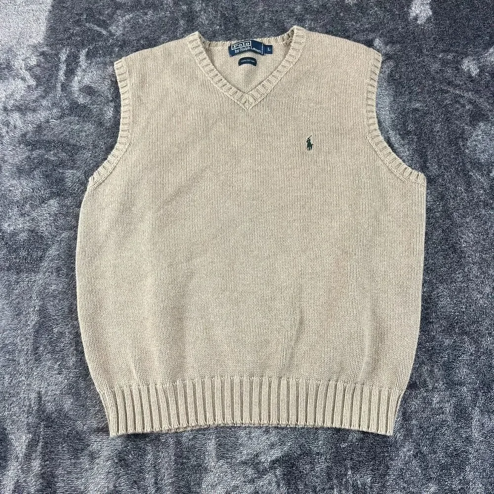 Vtg Polo Ralph Lauren Brown Knitted V-Neck Sweater Vest Men's L Pony Golf Cotton